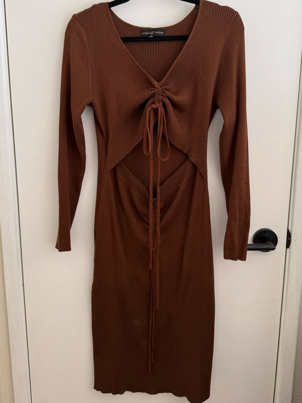 Almost Famous Brown Ribbed Knit Long Sleeve Ruched Tie Front Cutout Midi Dress